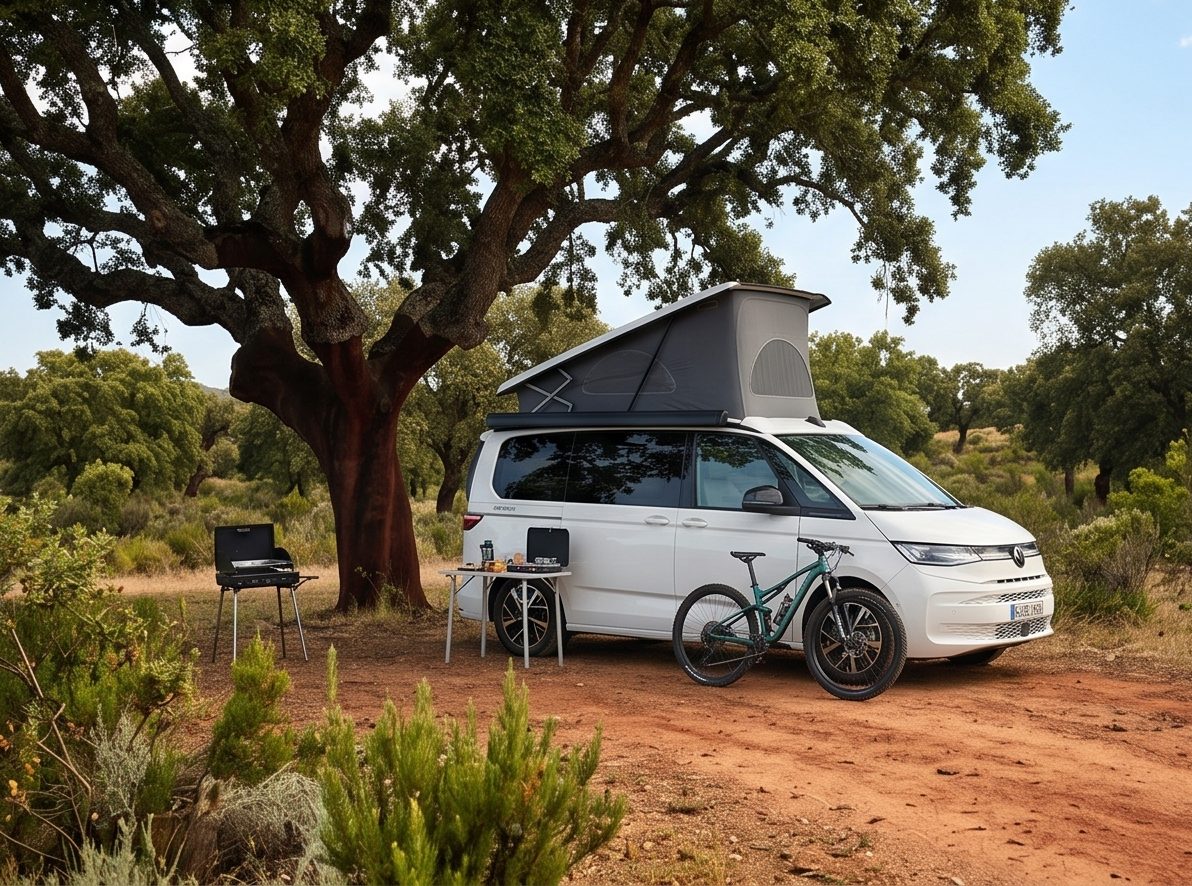 California con techo elevable y bicicleta a la sombra de un alcornoque en la dehesa