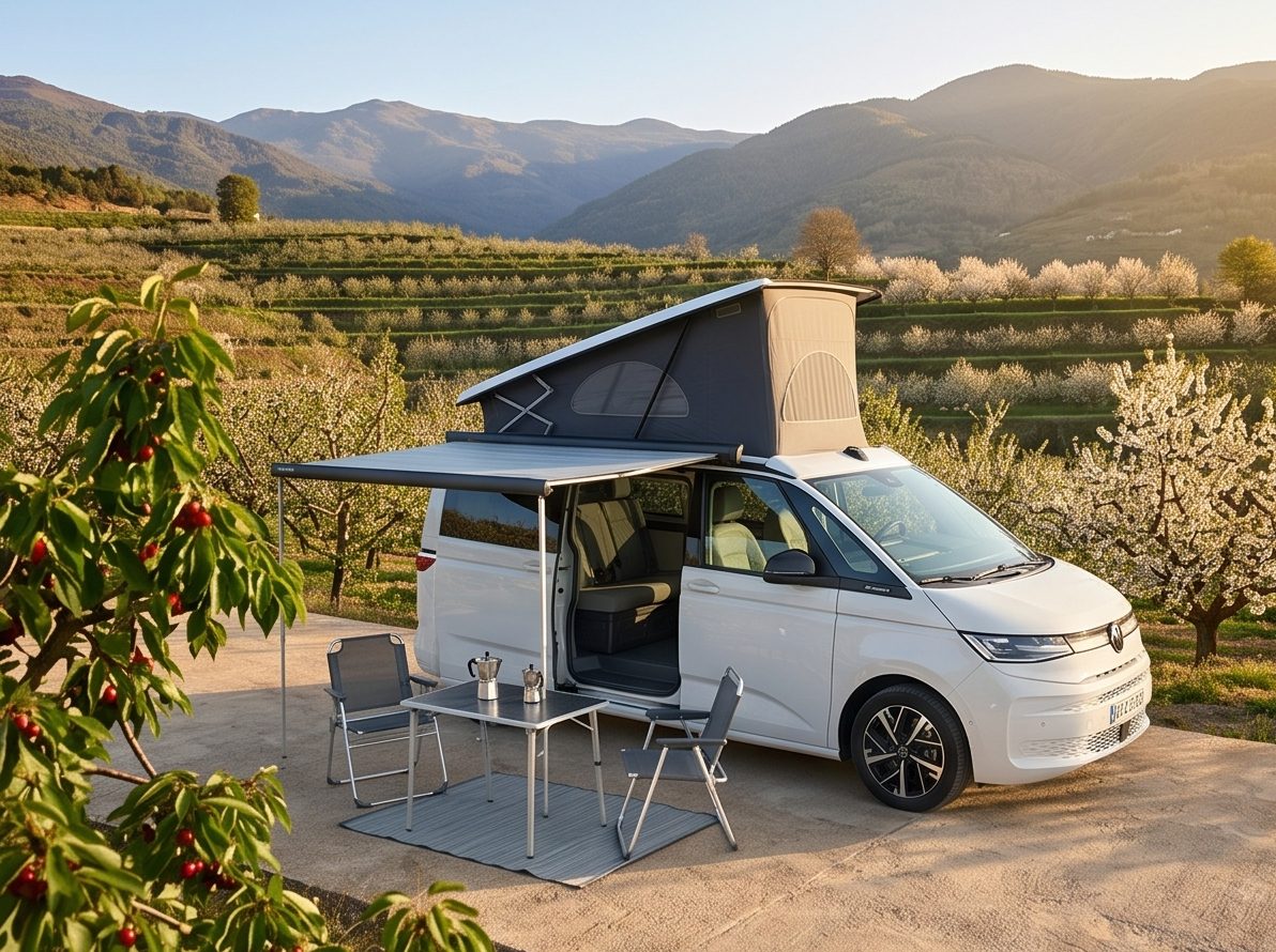 California con techo elevable, toldo, mesa y sillas entre cerezos en flor
